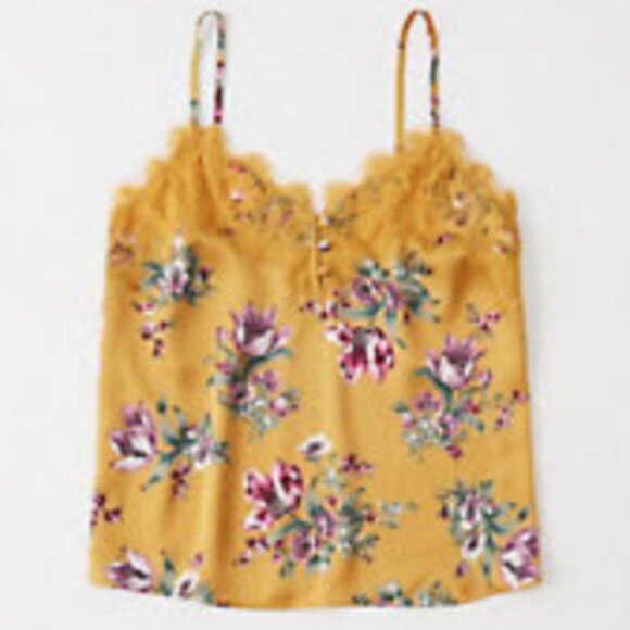 NWT $28 A&F Lace-Trim Satin Cami in YELLOW FLORAL - XS! - Picture 2 of 9